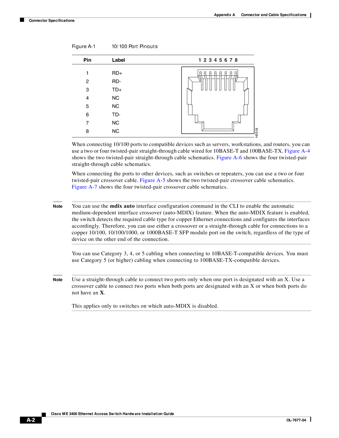 Cisco Systems ME 3400 manual Figure A-1 10/100 Port Pinouts 