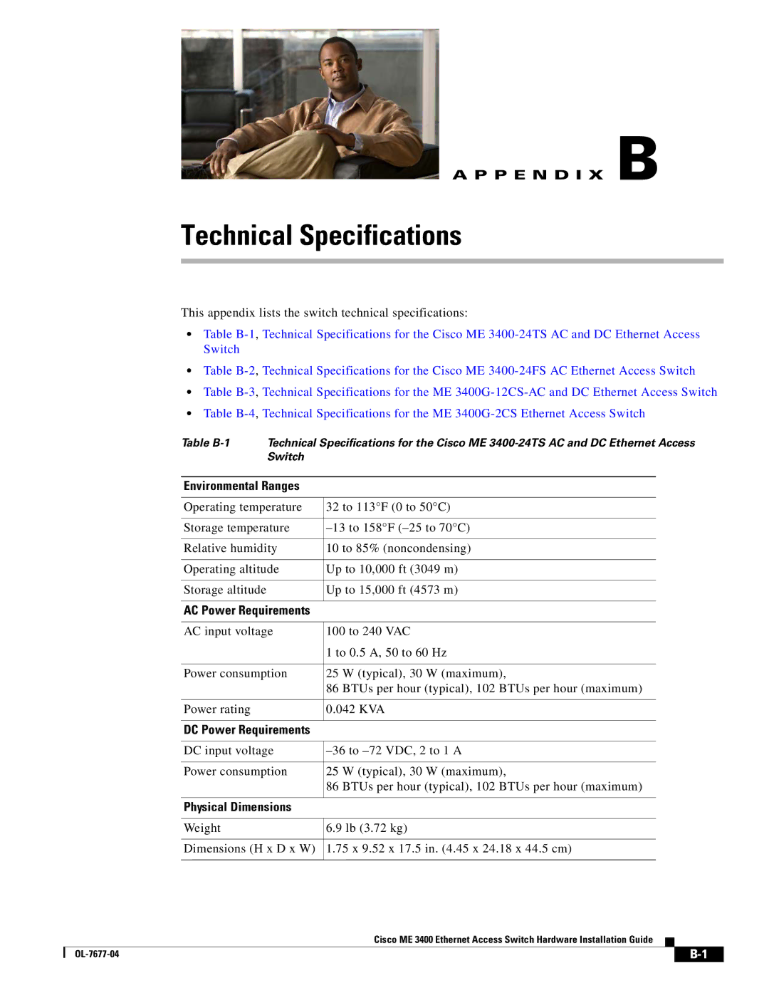 Cisco Systems ME 3400 manual Technical Specifications, This appendix lists the switch technical specifications 