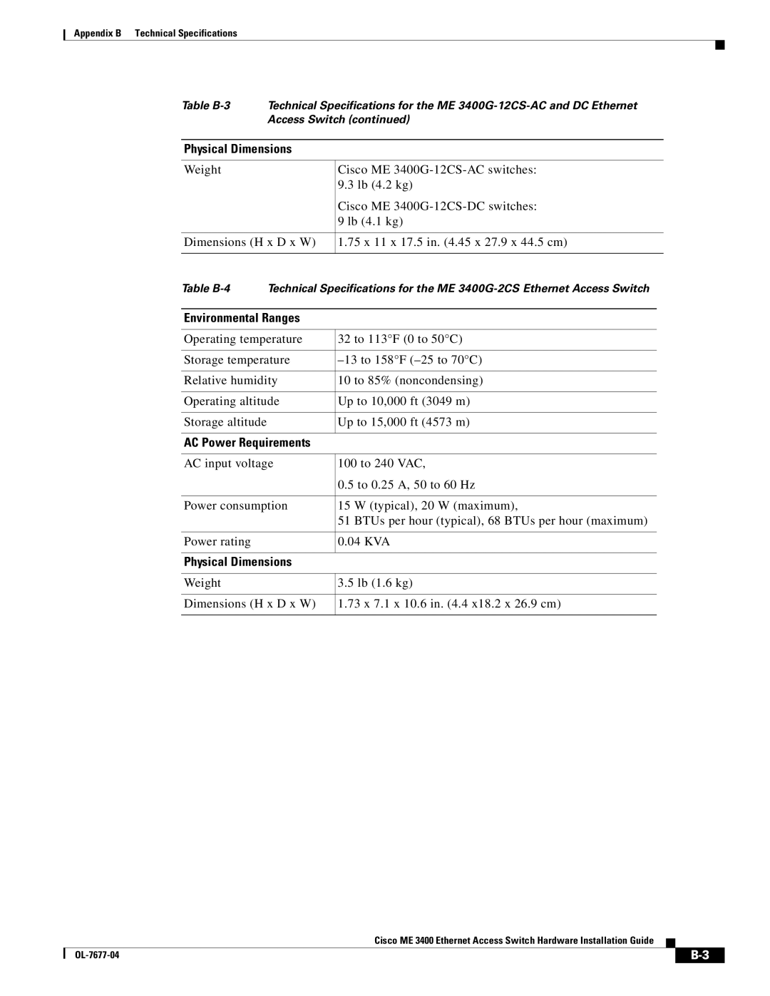 Cisco Systems ME 3400 manual Physical Dimensions 