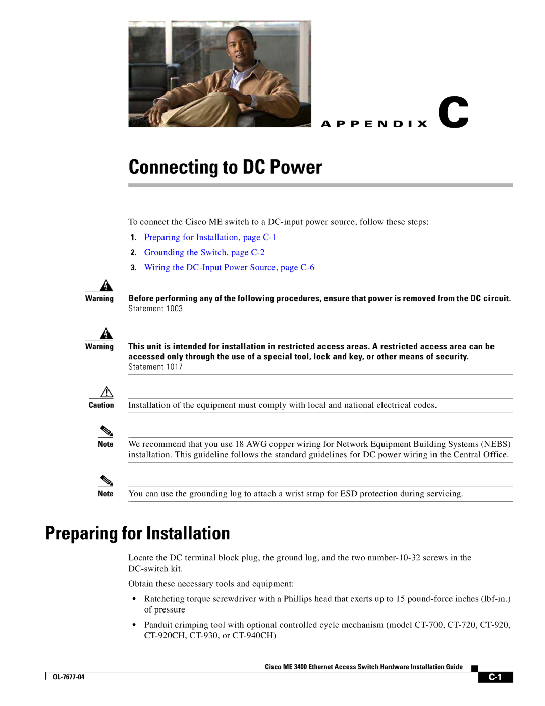 Cisco Systems ME 3400 manual Connecting to DC Power 