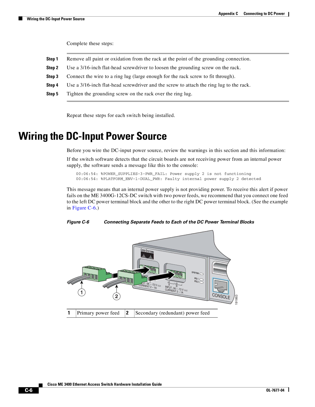 Cisco Systems ME 3400 manual Wiring the DC-Input Power Source, Primary power feed Secondary redundant power feed 