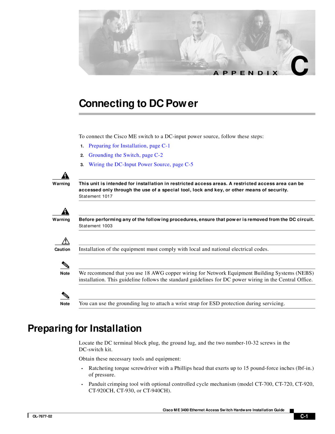 Cisco Systems ME 3400 appendix Connecting to DC Power, Preparing for Installation 