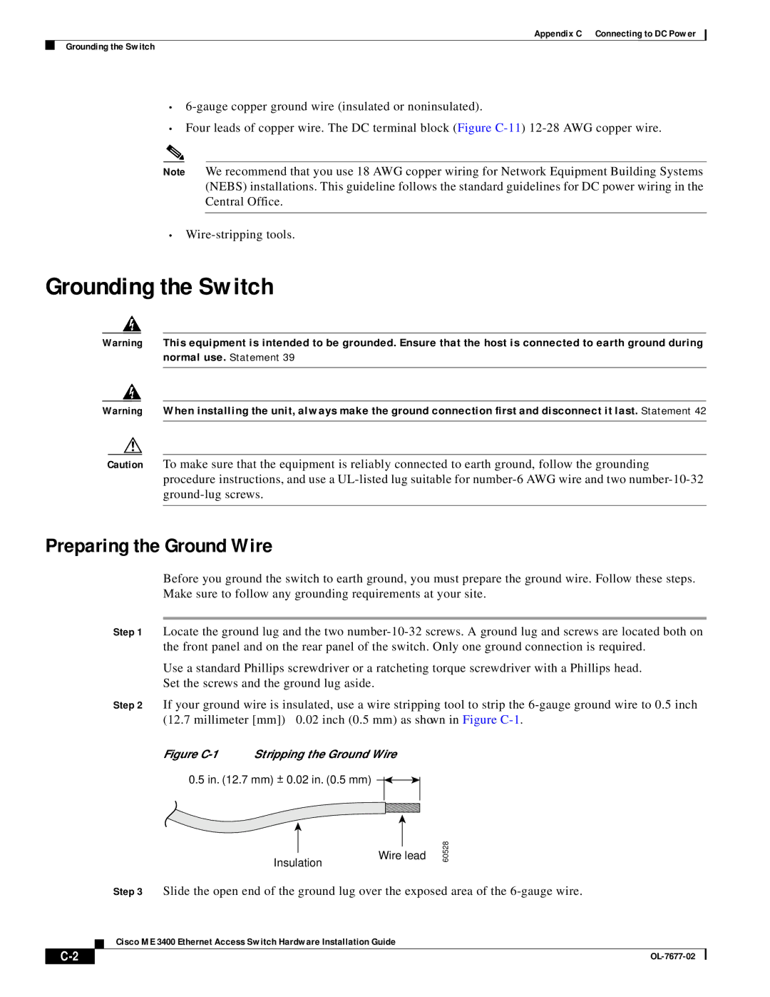 Cisco Systems ME 3400 appendix Grounding the Switch, Preparing the Ground Wire 