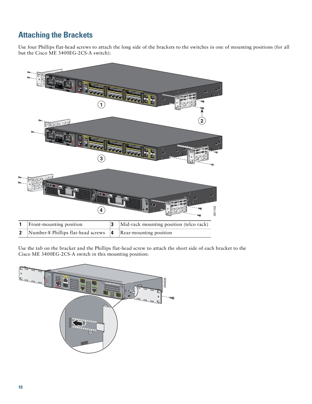 Cisco Systems ME 3400E warranty Attaching the Brackets 