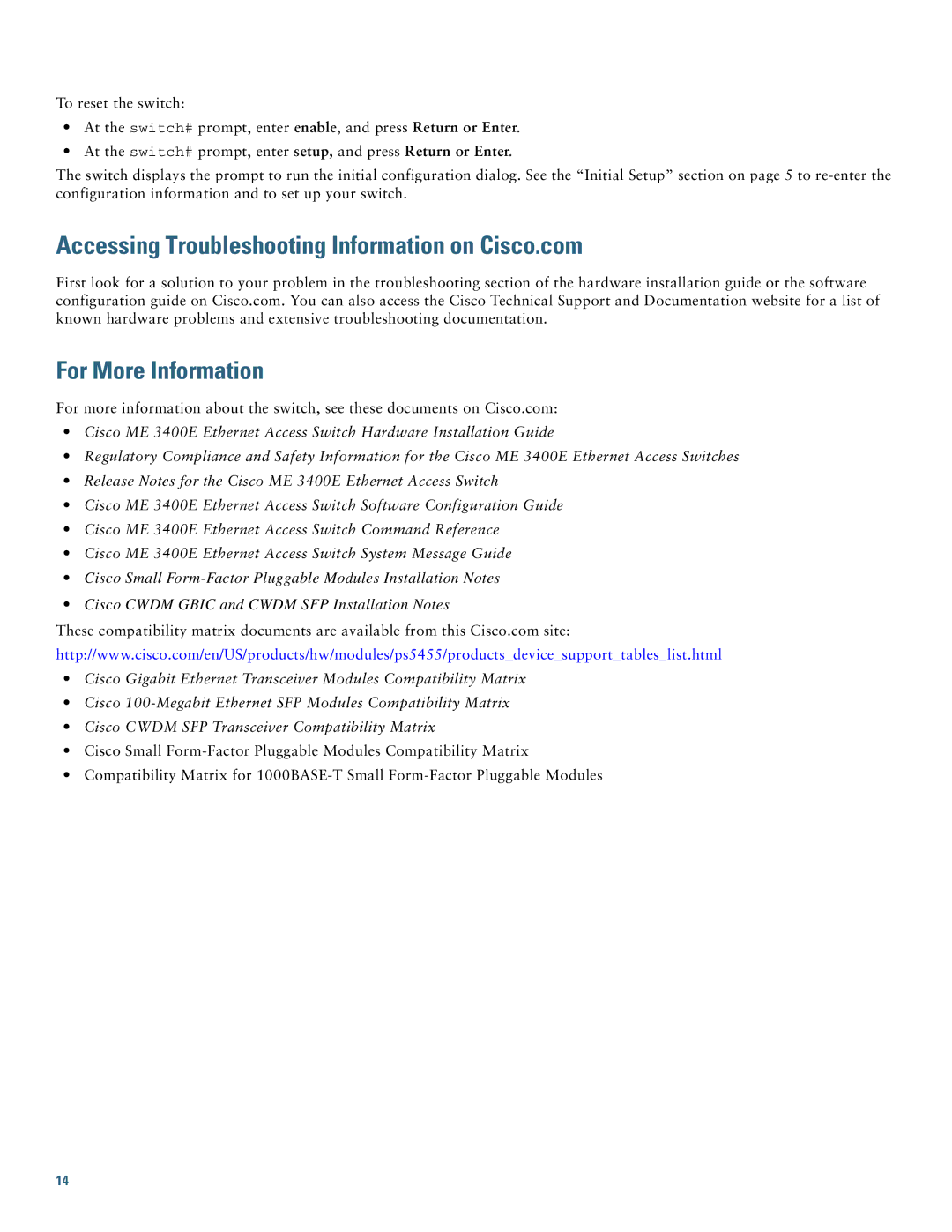 Cisco Systems ME 3400E warranty Accessing Troubleshooting Information on Cisco.com, For More Information 