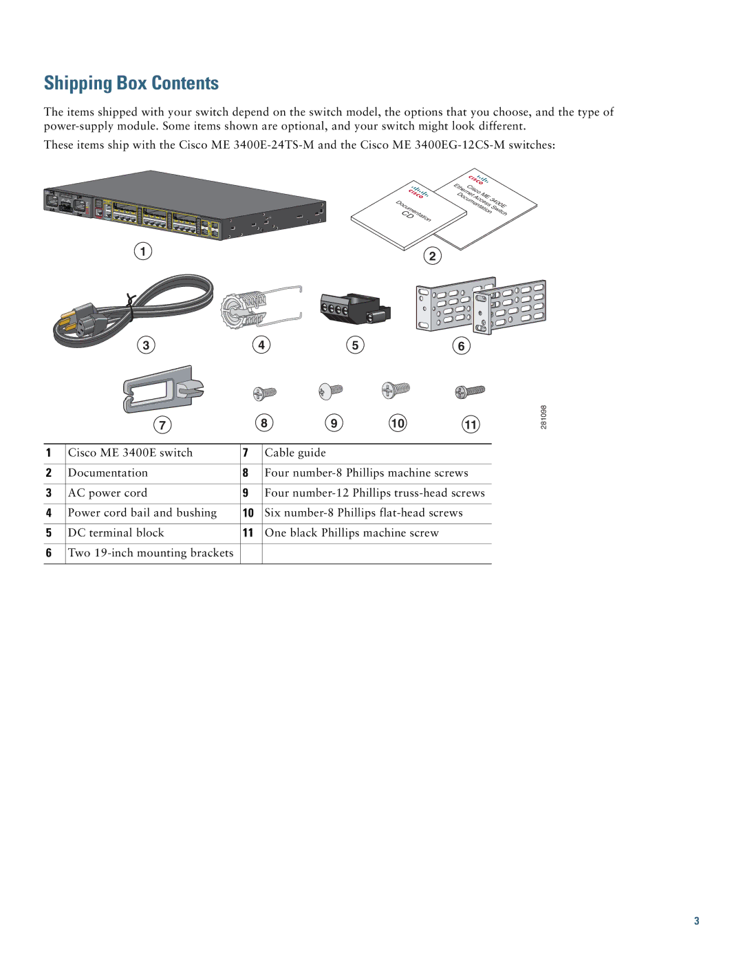 Cisco Systems ME 3400E warranty Shipping Box Contents 