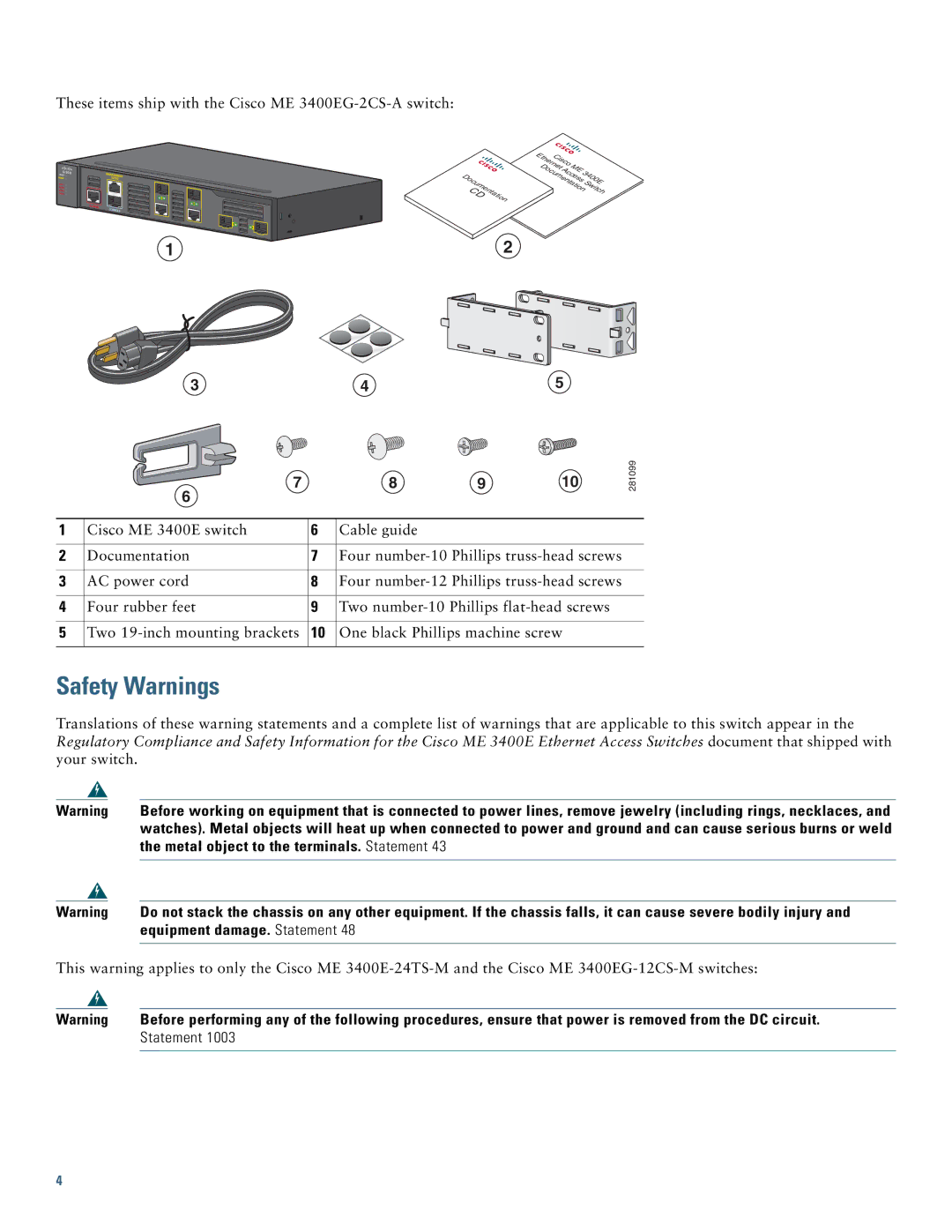 Cisco Systems ME 3400E warranty Safety Warnings, Metal object to the terminals. Statement 