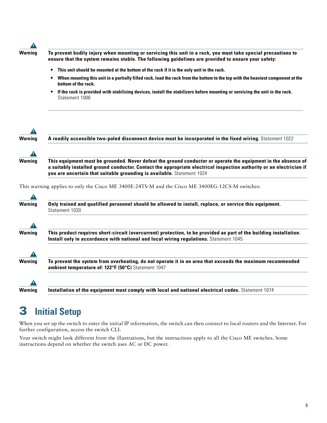 Cisco Systems ME 3400E warranty Initial Setup 