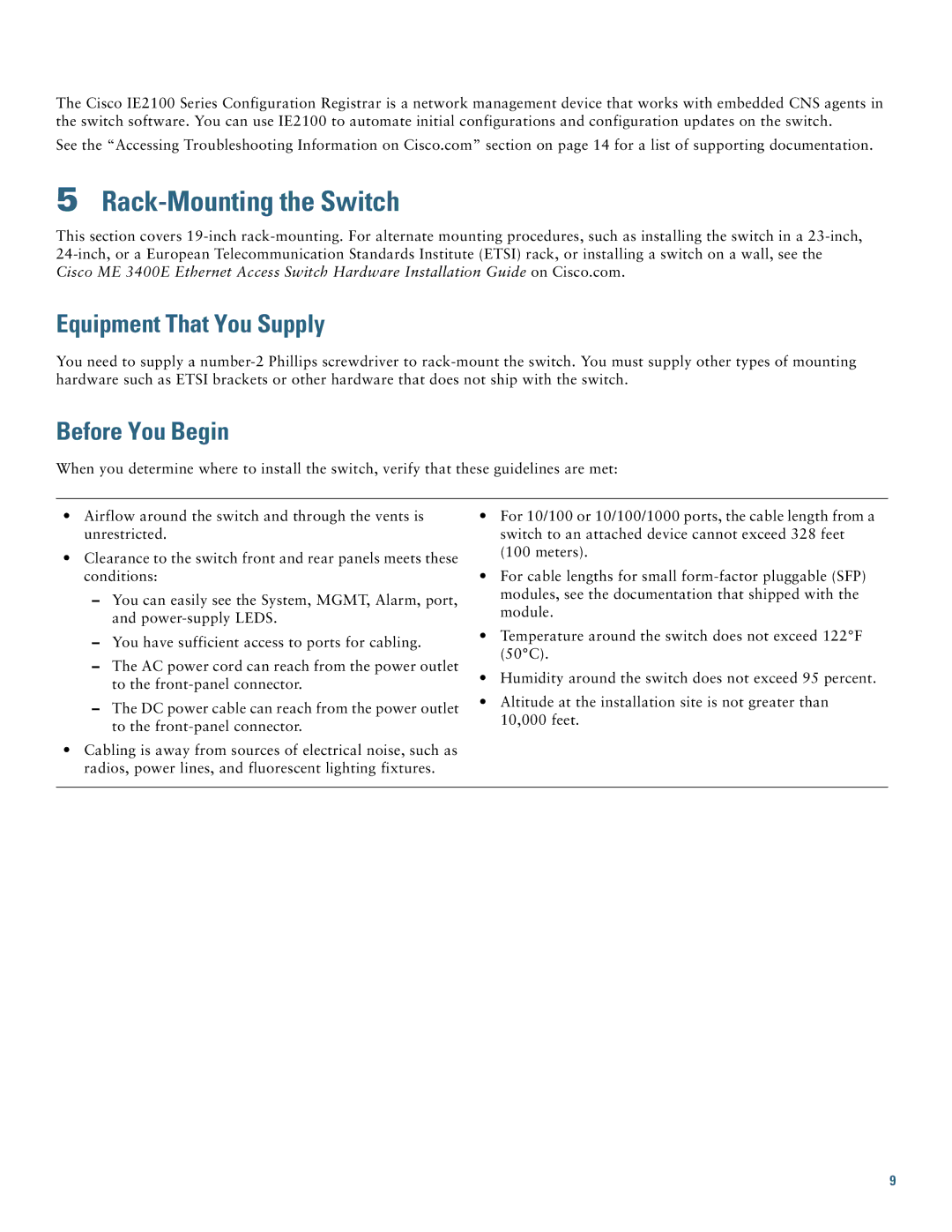 Cisco Systems ME 3400E warranty Rack-Mounting the Switch, Equipment That You Supply, Before You Begin 