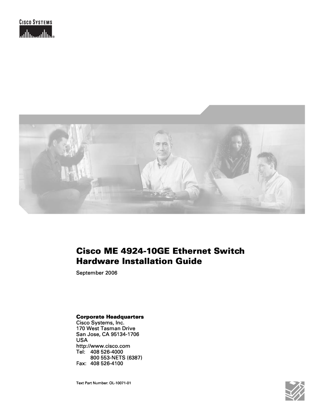 Cisco Systems manual Corporate Headquarters, Cisco ME 4924-10GE Ethernet Switch Hardware Installation Guide, September 