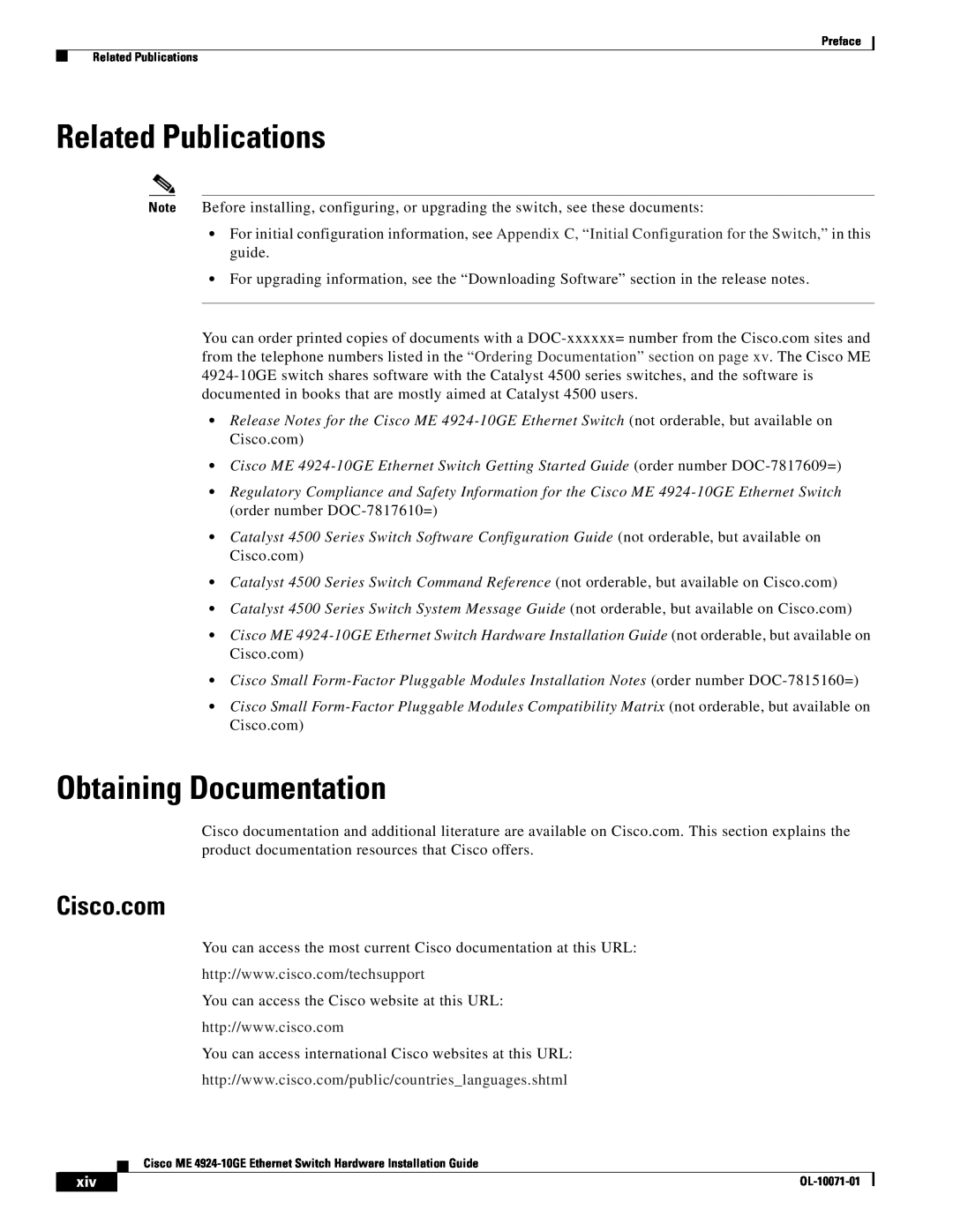 Cisco Systems ME 4924-10GE manual Related Publications, Obtaining Documentation, Cisco.com 
