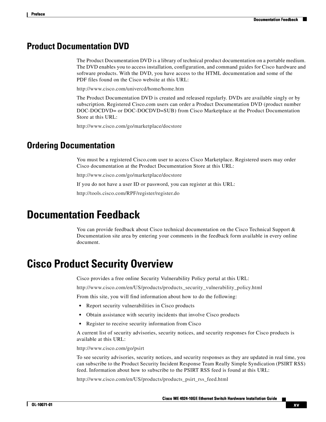 Cisco Systems ME 4924-10GE manual Documentation Feedback, Cisco Product Security Overview, Product Documentation DVD 