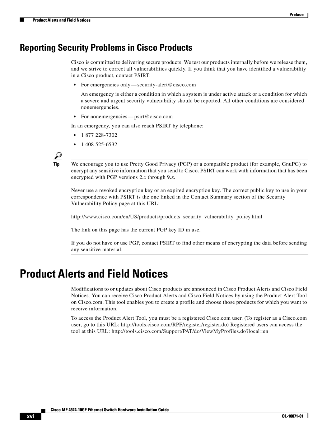 Cisco Systems ME 4924-10GE manual Product Alerts and Field Notices, Reporting Security Problems in Cisco Products 