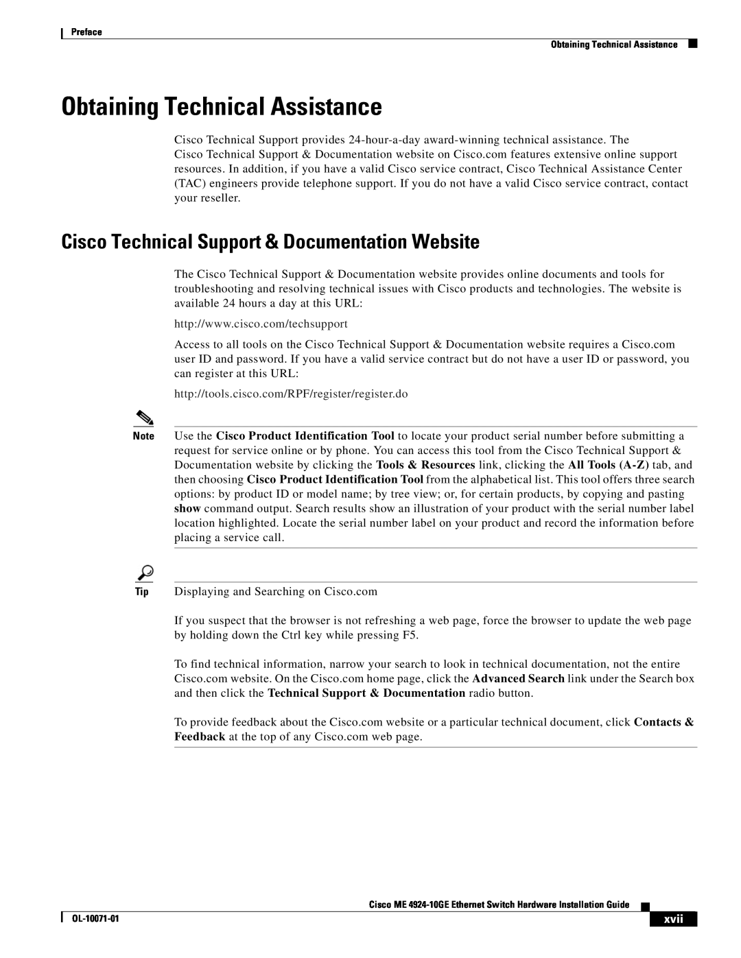 Cisco Systems ME 4924-10GE manual Obtaining Technical Assistance, Cisco Technical Support & Documentation Website, xvii 