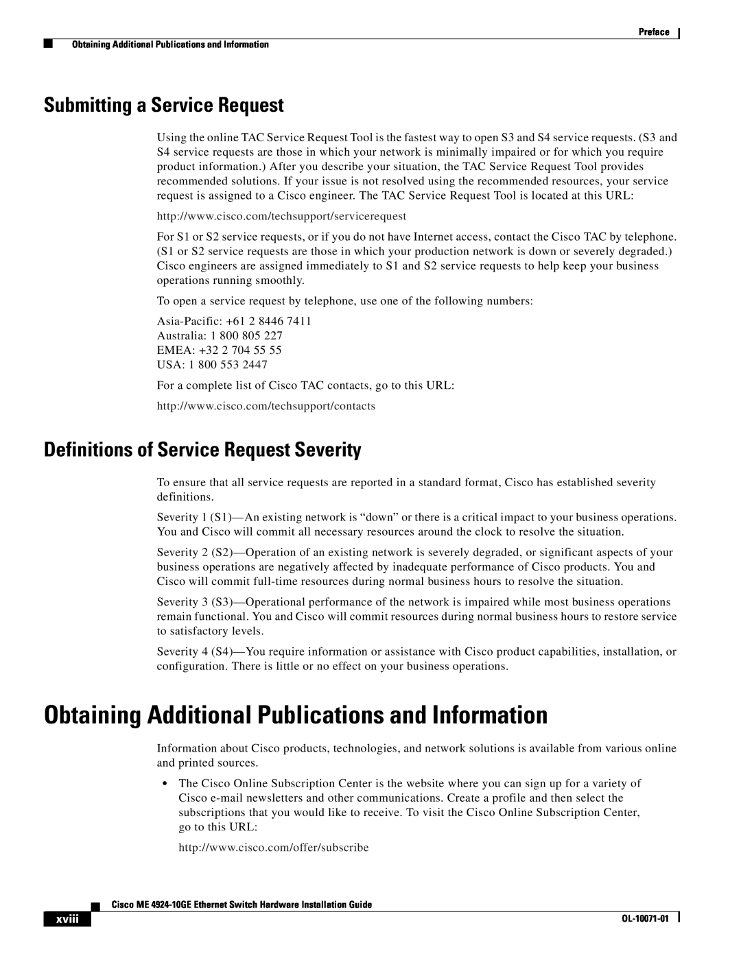 Cisco Systems ME 4924-10GE manual Obtaining Additional Publications and Information, Submitting a Service Request, xviii 