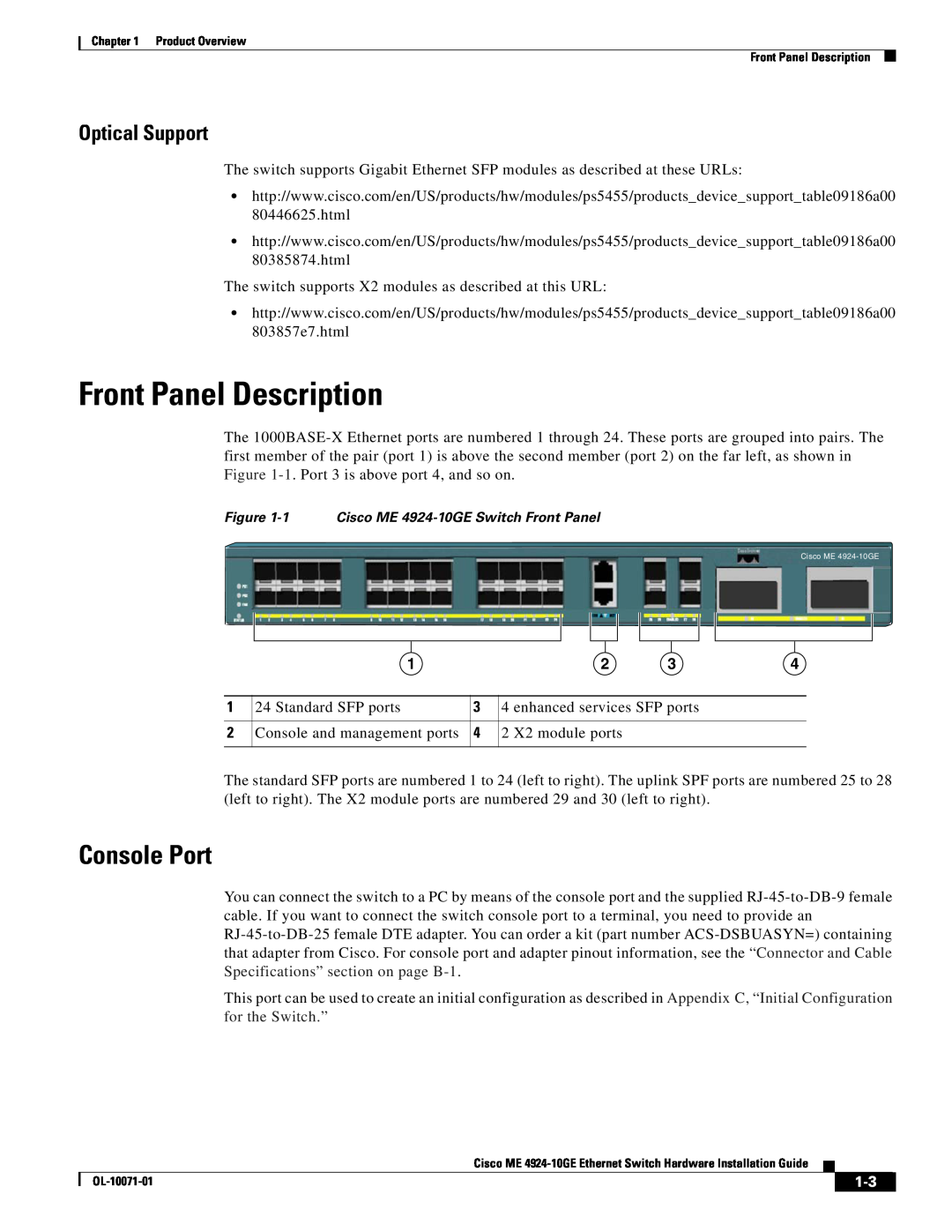Cisco Systems ME 4924-10GE manual Front Panel Description, Console Port, Optical Support 