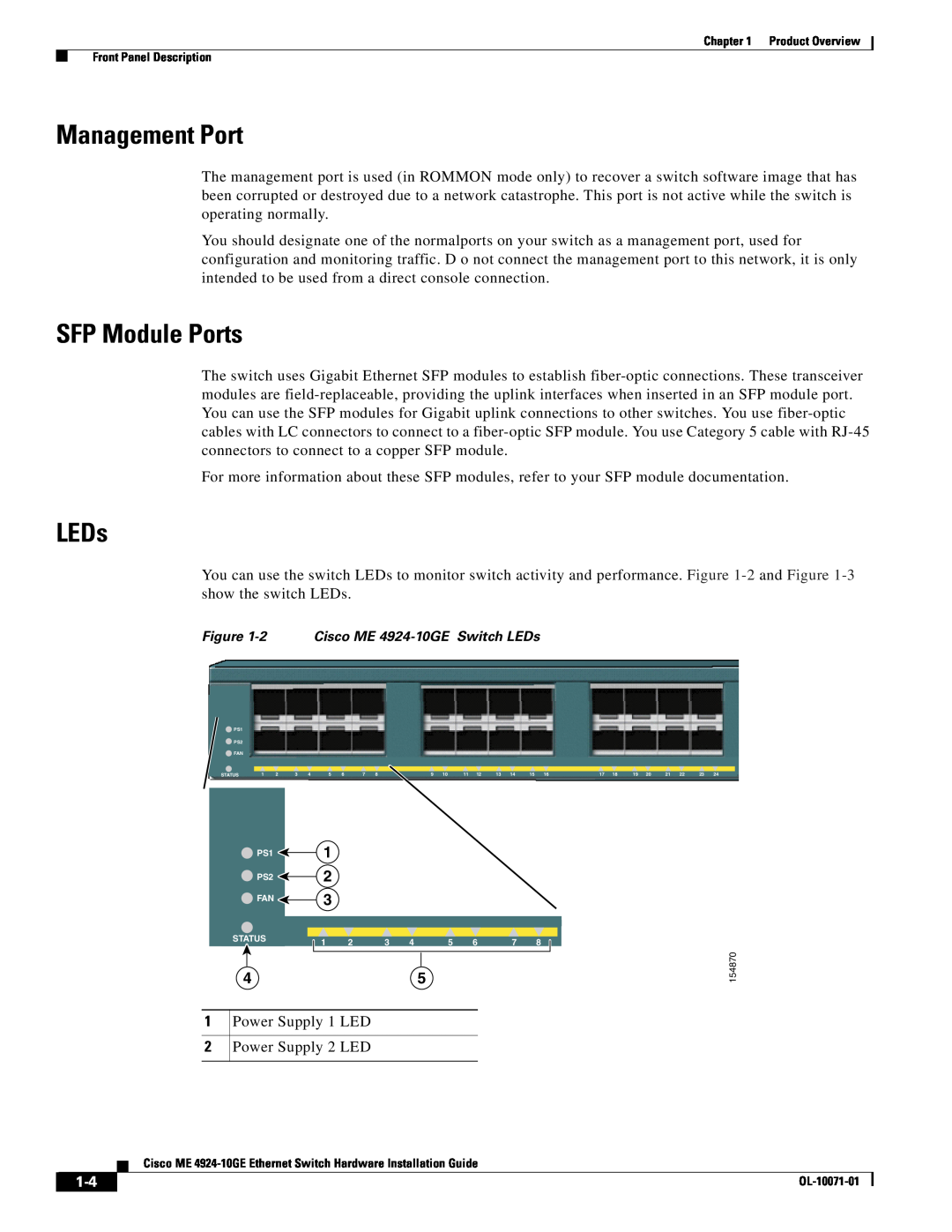 Cisco Systems ME 4924-10GE manual Management Port, SFP Module Ports, LEDs 