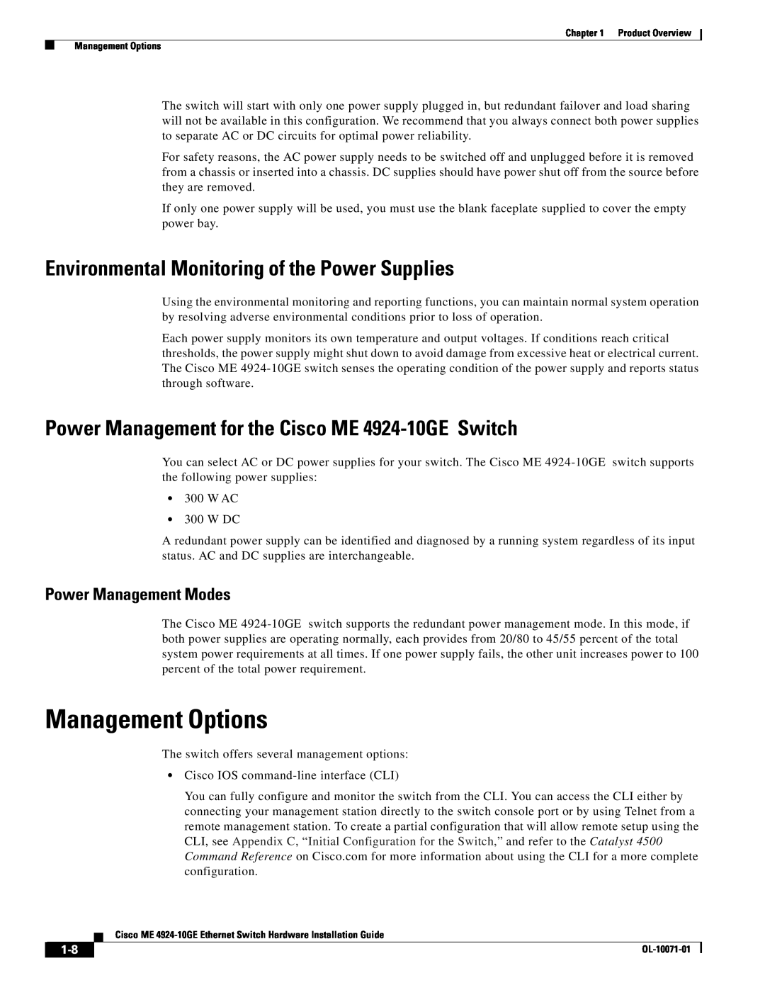 Cisco Systems ME 4924-10GE Management Options, Environmental Monitoring of the Power Supplies, Power Management Modes 