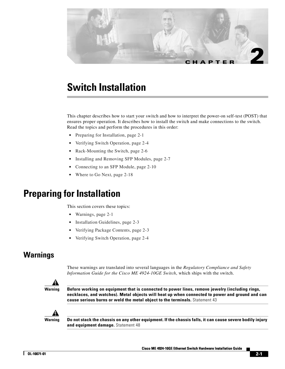 Cisco Systems ME 4924-10GE manual Switch Installation, Preparing for Installation, Warnings, Rack-Mounting the Switch, page 