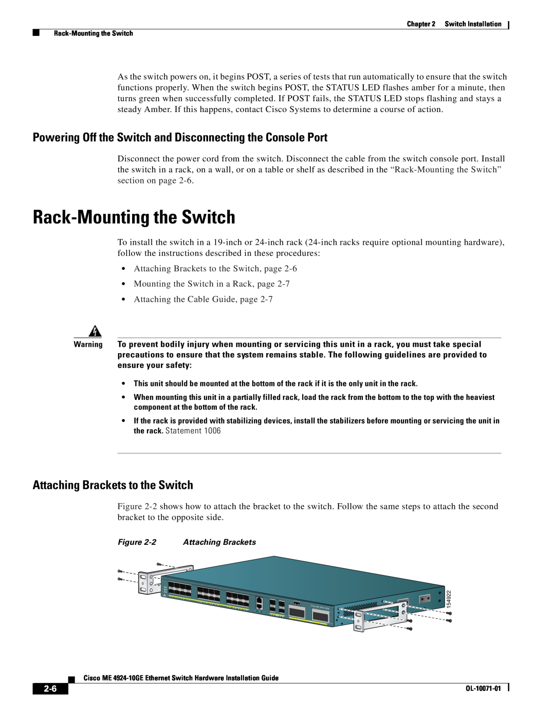 Cisco Systems ME 4924-10GE manual Rack-Mounting the Switch, Powering Off the Switch and Disconnecting the Console Port 