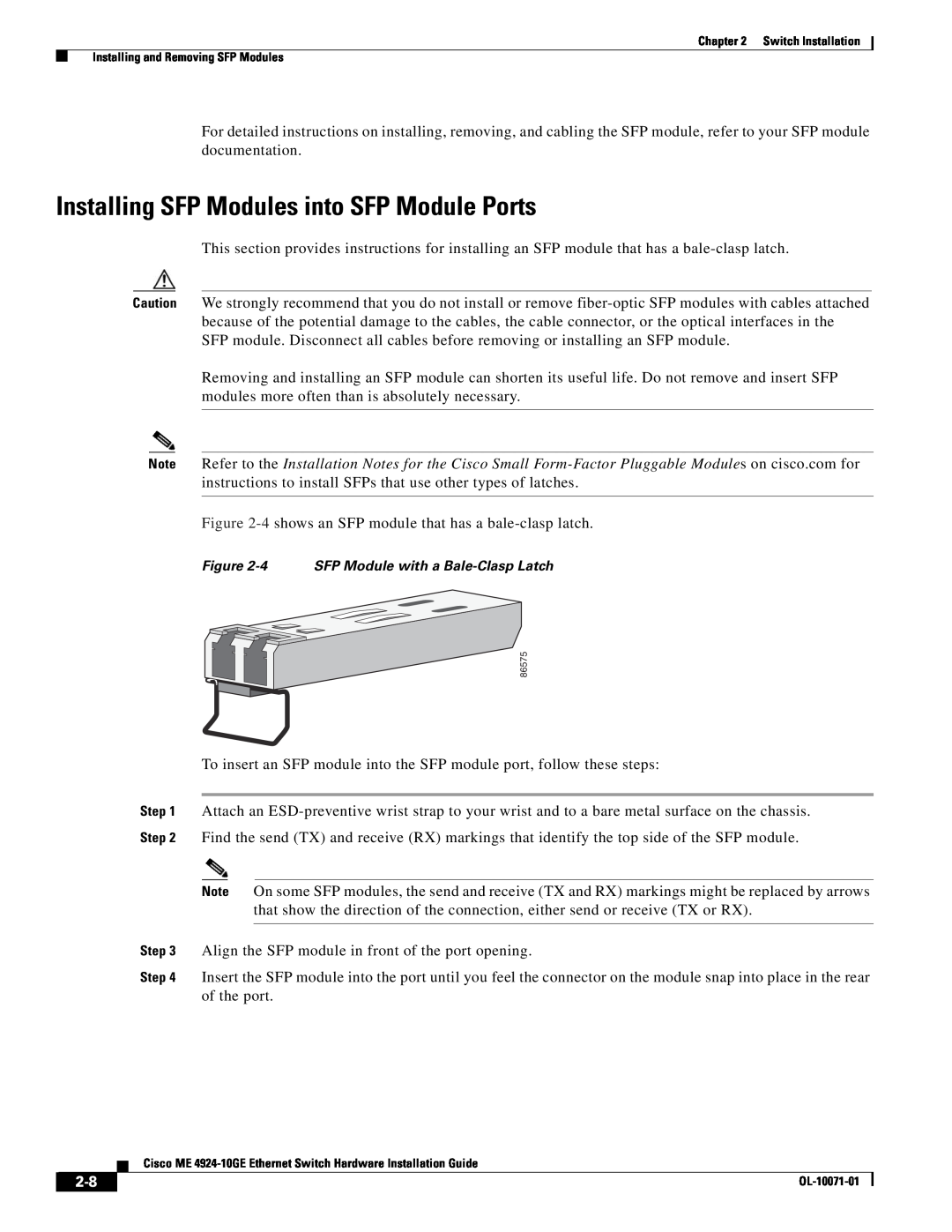 Cisco Systems ME 4924-10GE manual Installing SFP Modules into SFP Module Ports 