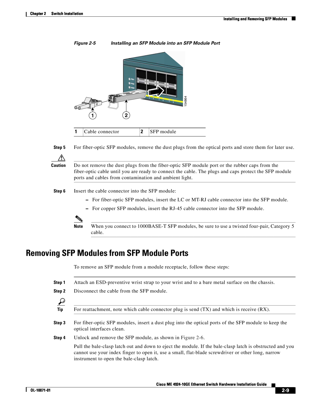Cisco Systems ME 4924-10GE manual Removing SFP Modules from SFP Module Ports 