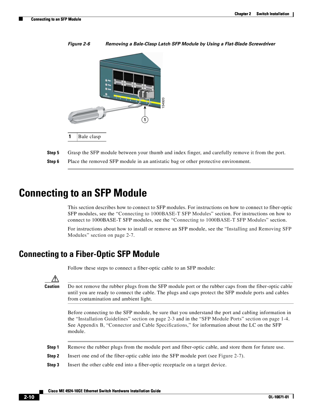 Cisco Systems ME 4924-10GE manual Connecting to an SFP Module, Connecting to a Fiber-Optic SFP Module, 2-10 