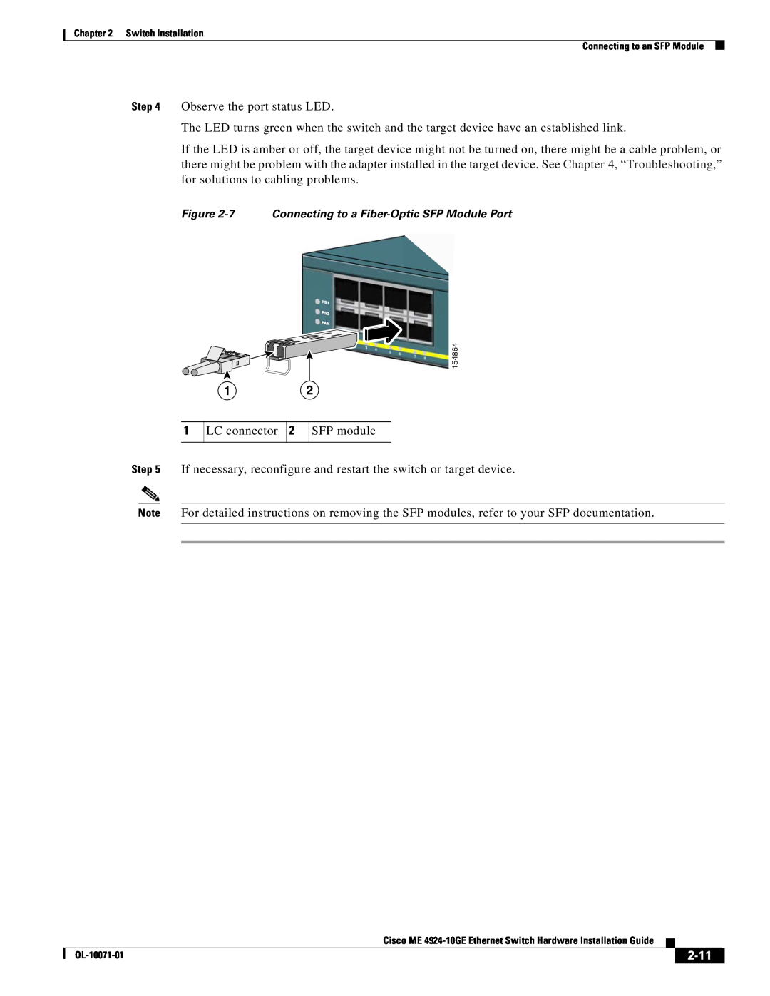 Cisco Systems ME 4924-10GE manual 2-11, 7 Connecting to a Fiber-Optic SFP Module Port 