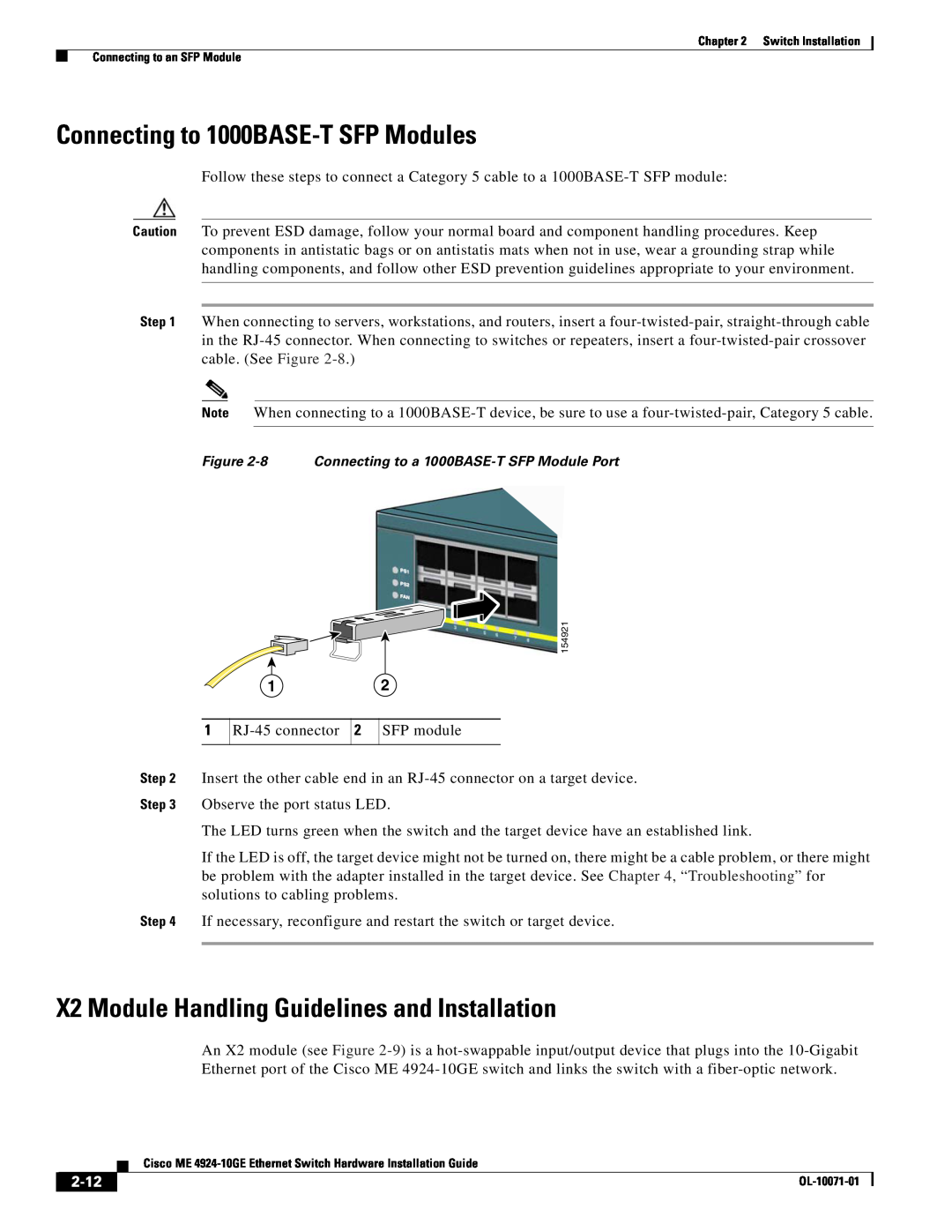 Cisco Systems ME 4924-10GE Connecting to 1000BASE-T SFP Modules, X2 Module Handling Guidelines and Installation, 2-12 