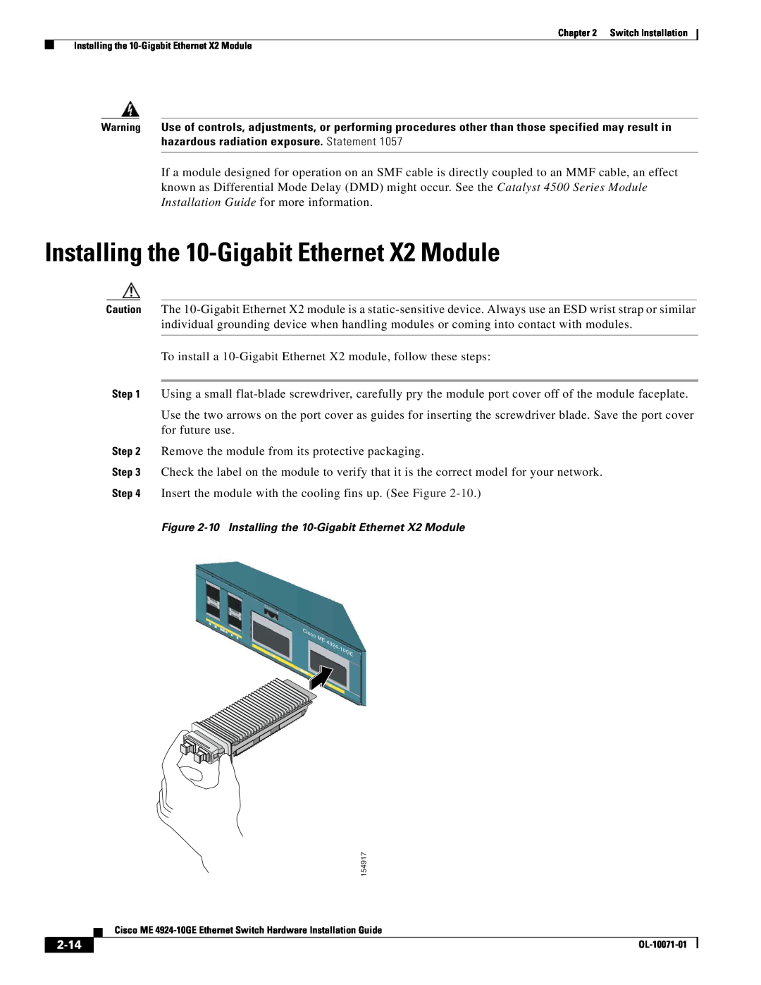 Cisco Systems ME 4924-10GE manual Installing the 10-Gigabit Ethernet X2 Module, 2-14 