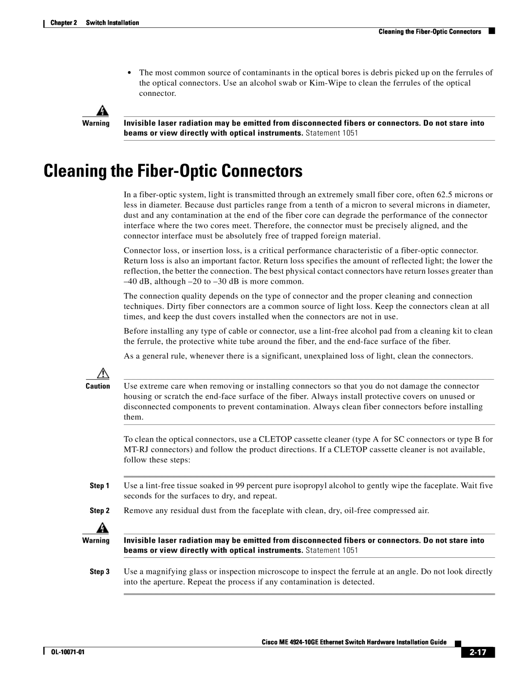 Cisco Systems ME 4924-10GE manual Cleaning the Fiber-Optic Connectors, 2-17 