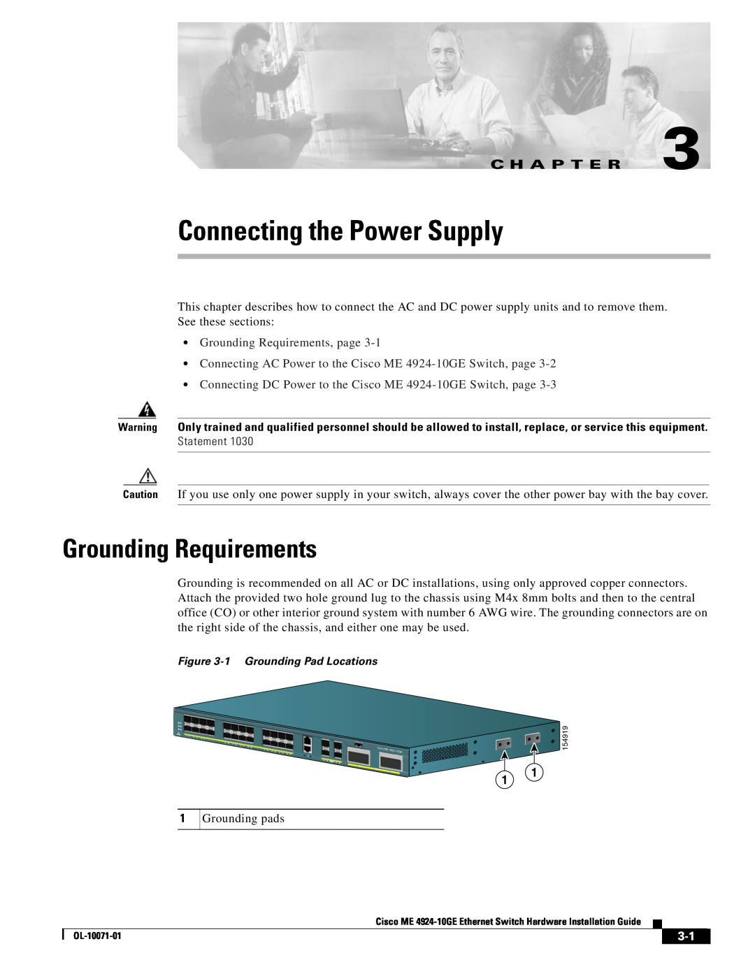 Cisco Systems ME 4924-10GE manual Connecting the Power Supply, Grounding Requirements, page, C H A P T E R 