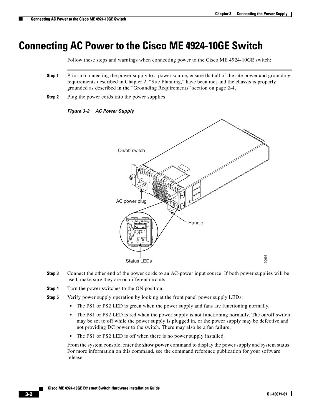 Cisco Systems manual Connecting AC Power to the Cisco ME 4924-10GE Switch 