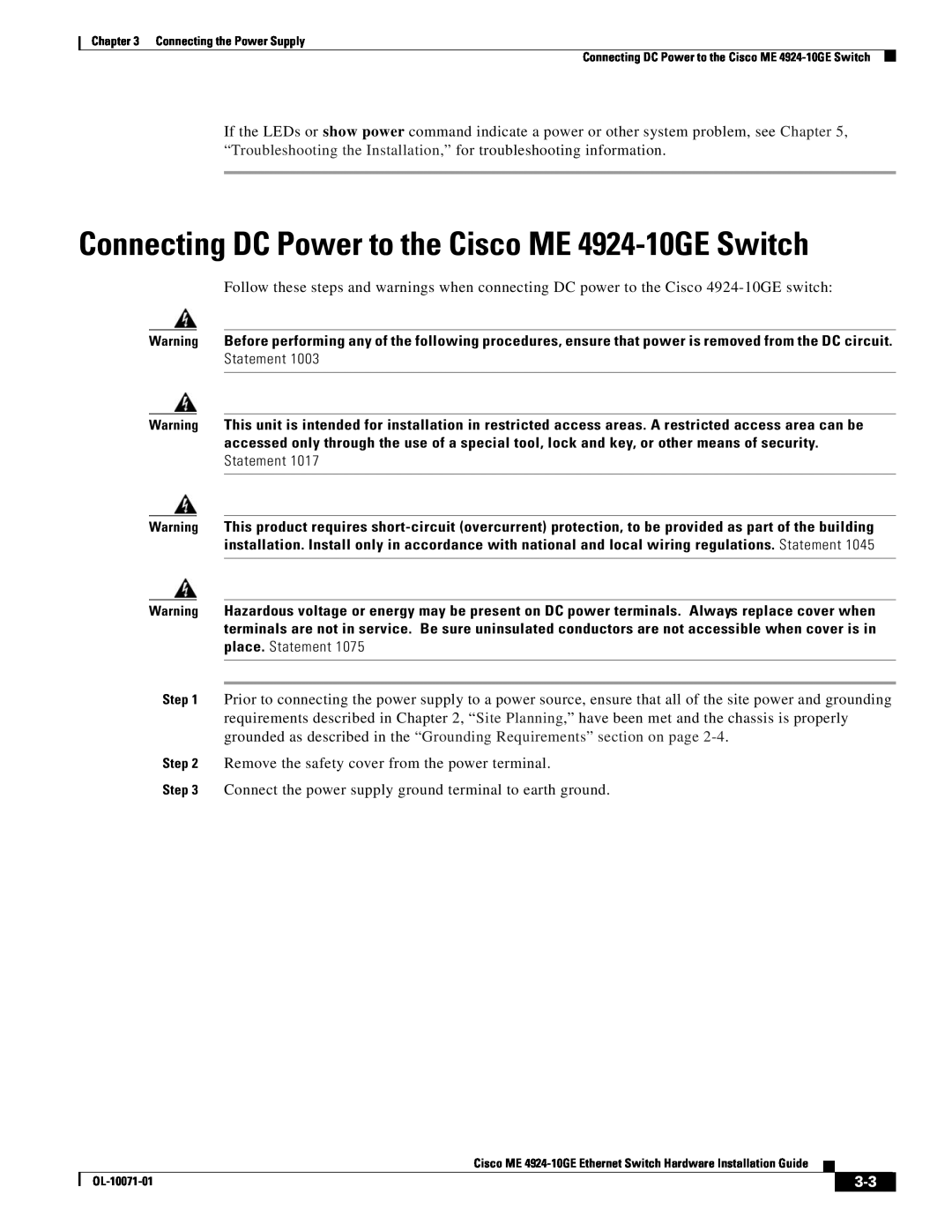 Cisco Systems manual Connecting DC Power to the Cisco ME 4924-10GE Switch 