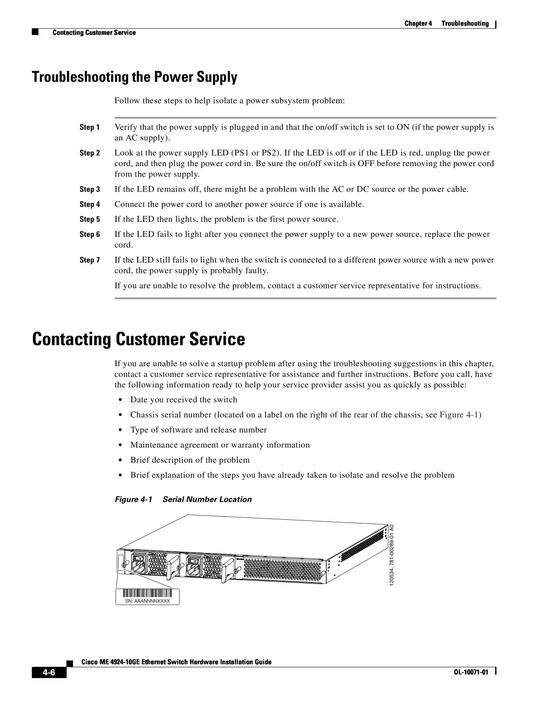 Cisco Systems ME 4924-10GE manual Contacting Customer Service, Troubleshooting the Power Supply 