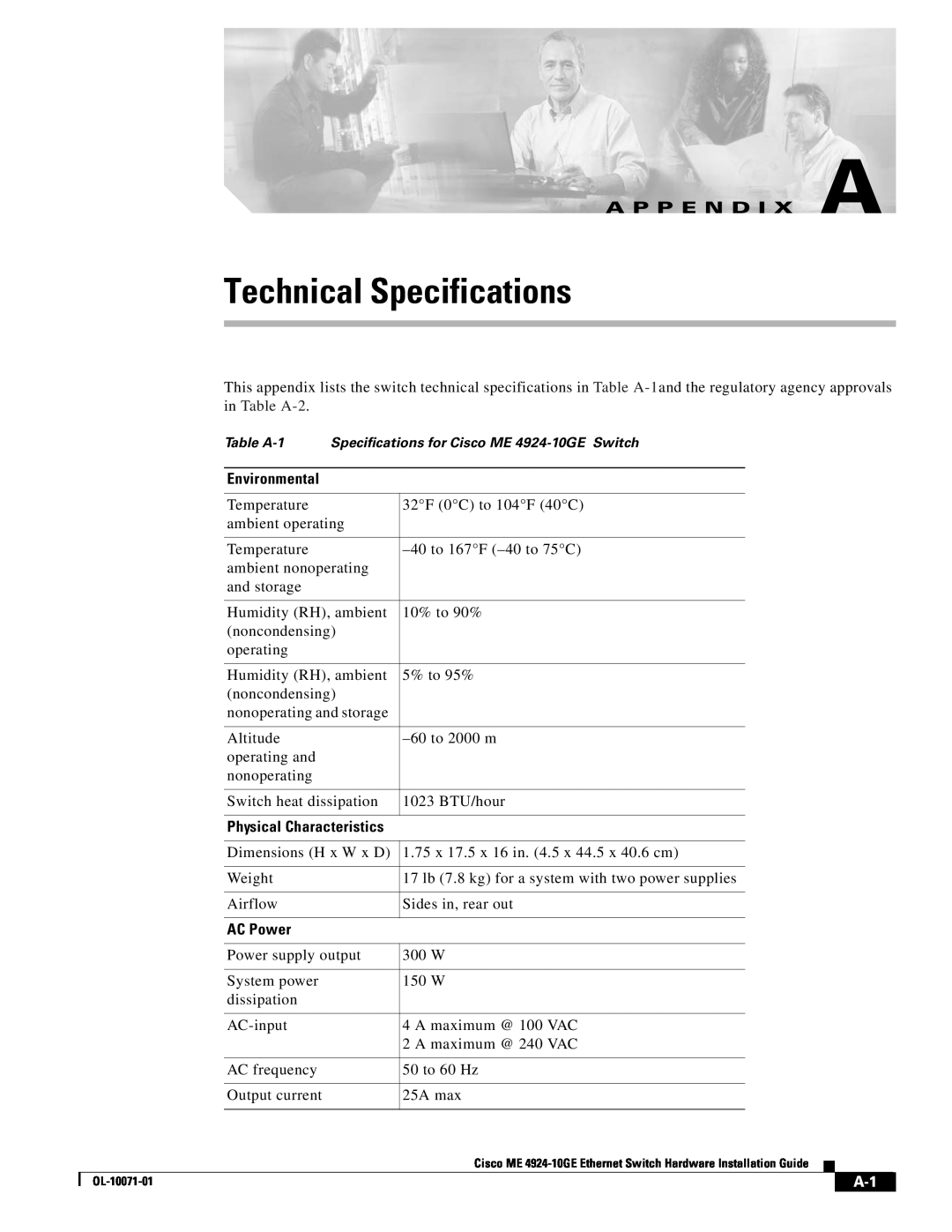 Cisco Systems ME 4924-10GE manual Technical Specifications, A P P E N D I X A, AC Power 