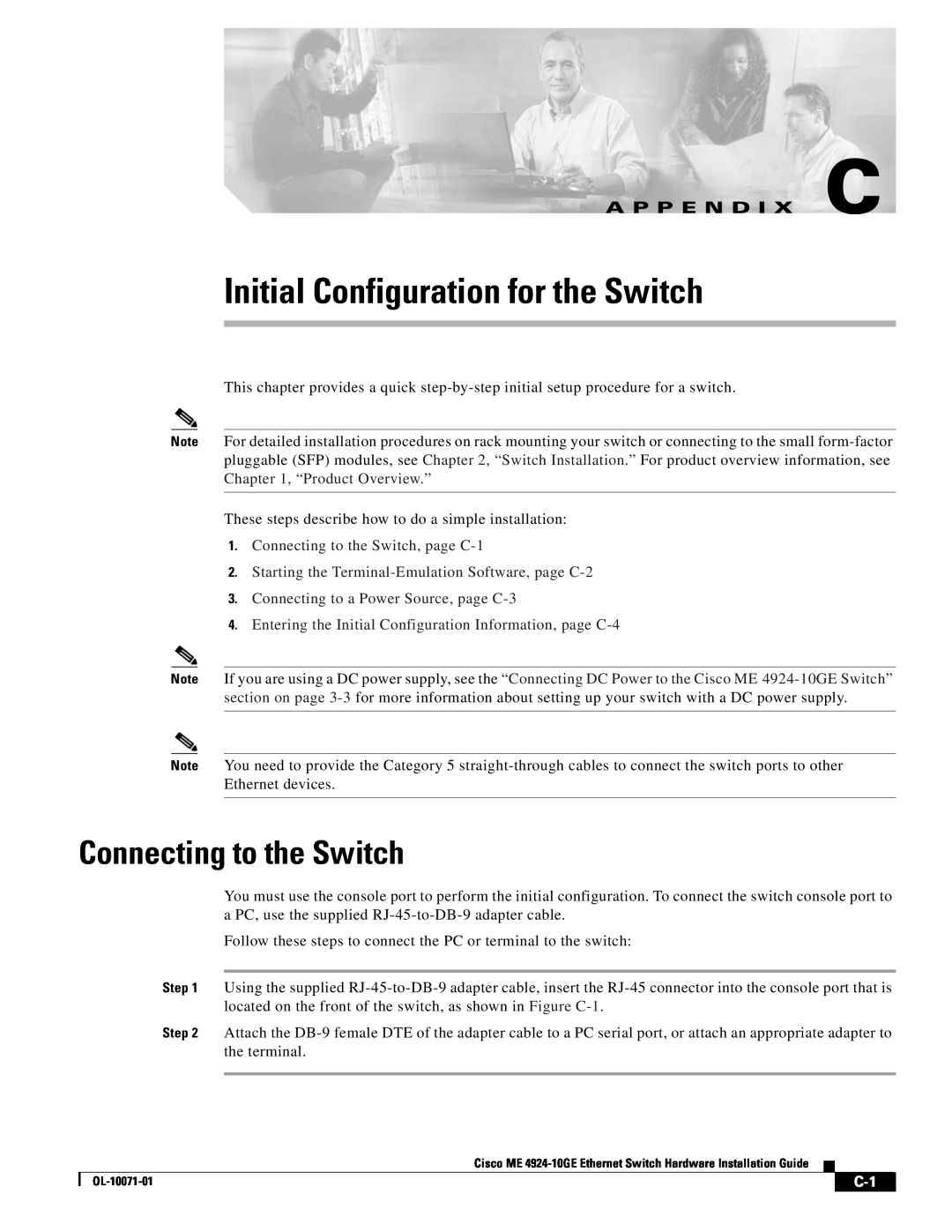 Cisco Systems ME 4924-10GE manual Initial Configuration for the Switch, Connecting to the Switch, A P P E N D I X C 