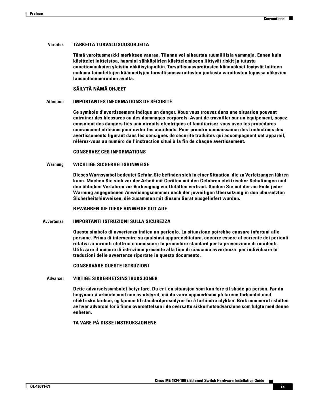 Cisco Systems ME 4924-10GE manual Varoitus TÄRKEITÄ TURVALLISUUSOHJEITA 