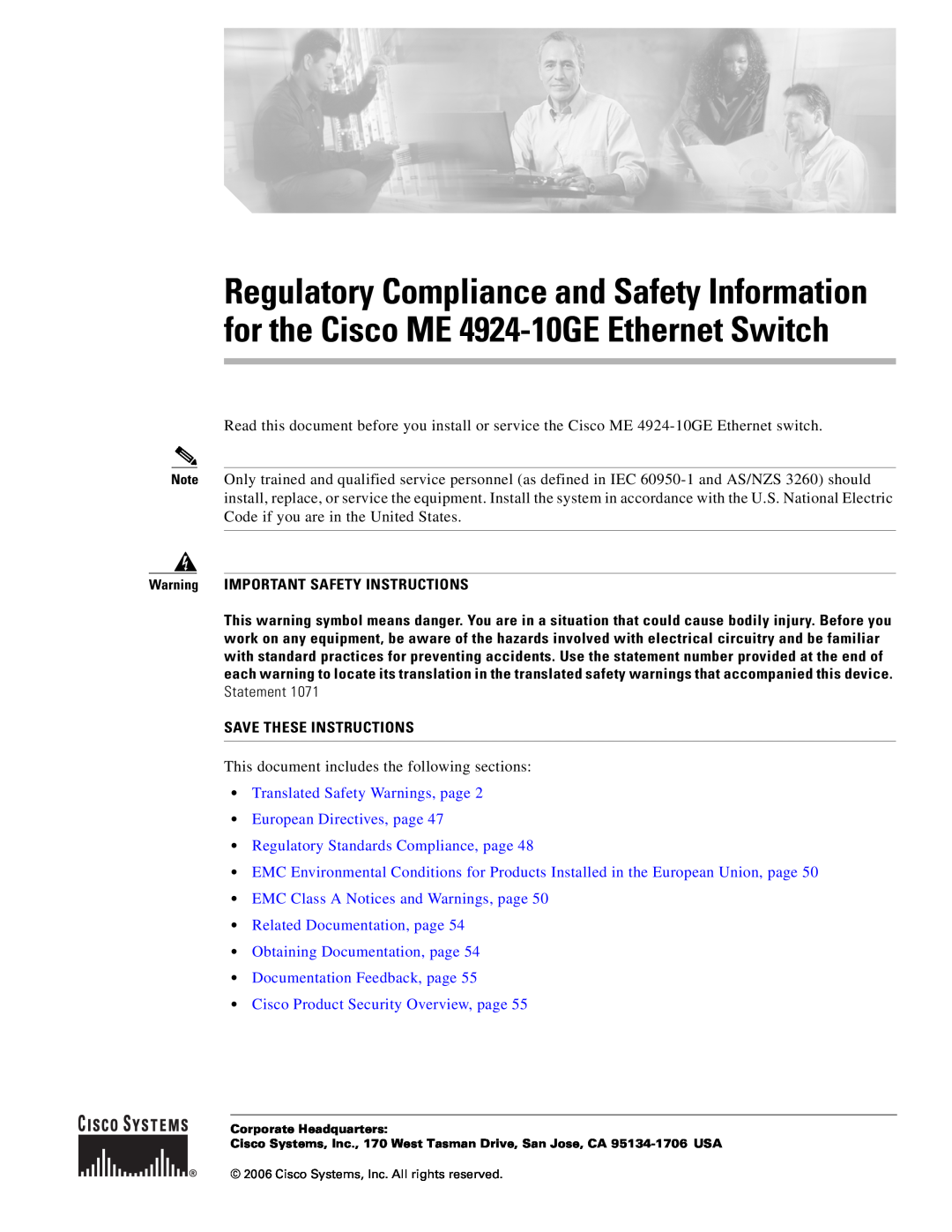 Cisco Systems ME 4924-10GE important safety instructions Translated Safety Warnings, page European Directives, page 