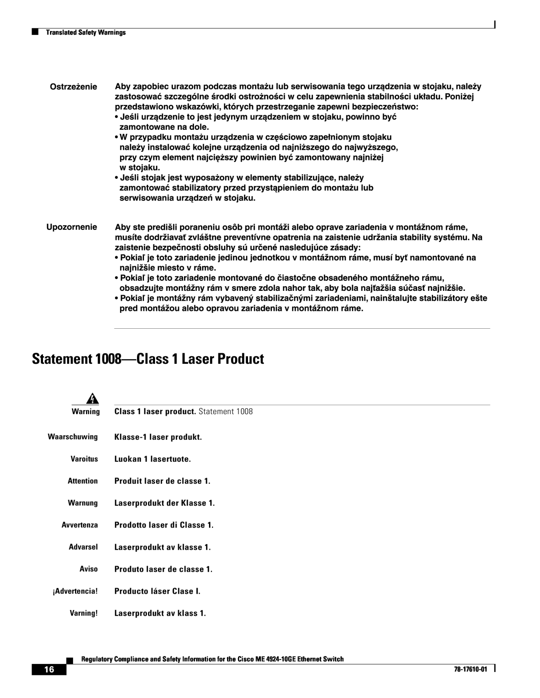 Cisco Systems ME 4924-10GE important safety instructions Statement 1008-Class 1 Laser Product 