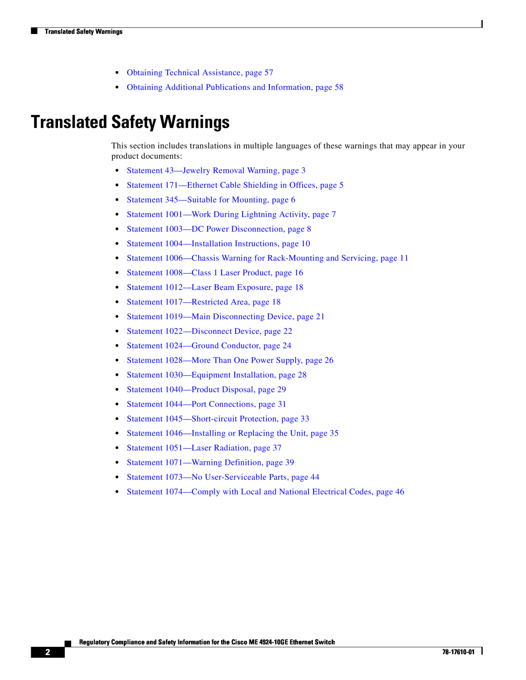 Cisco Systems ME 4924-10GE important safety instructions Translated Safety Warnings, Obtaining Technical Assistance, page 