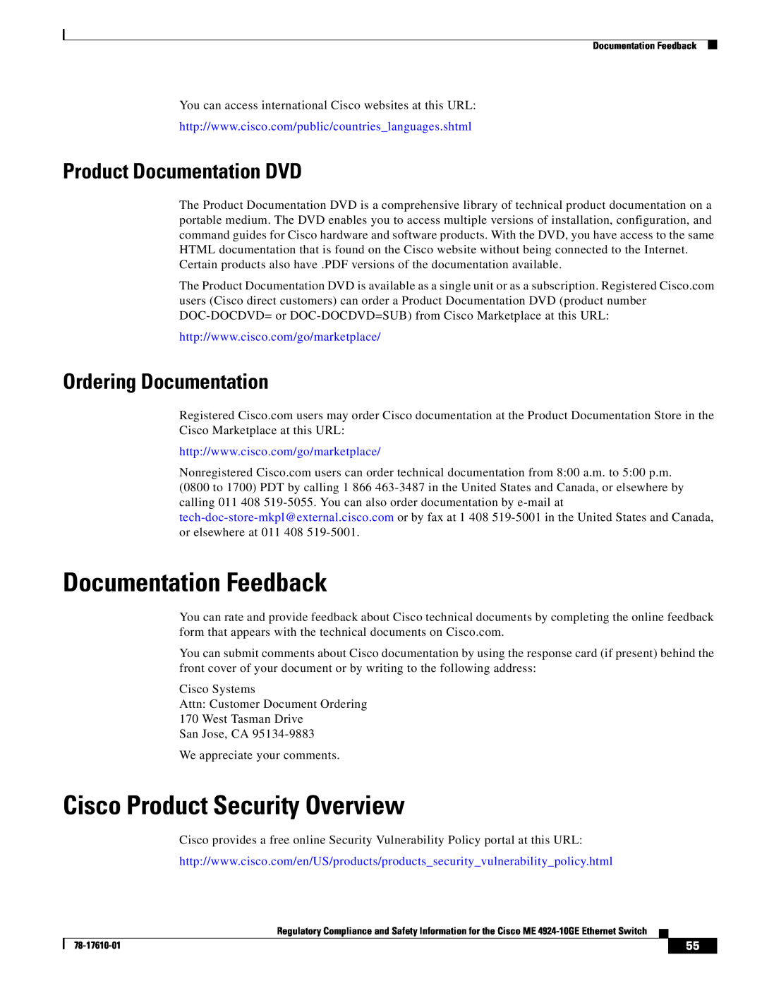 Cisco Systems ME 4924-10GE Documentation Feedback, Cisco Product Security Overview, Product Documentation DVD 