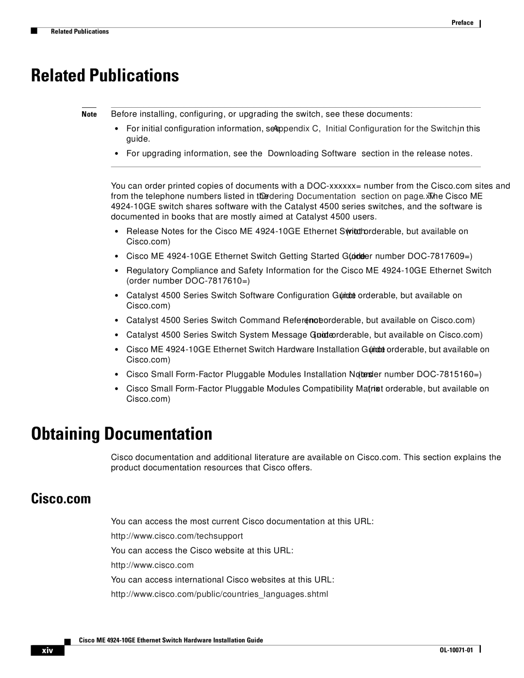 Cisco Systems ME 4924-10GE manual Related Publications, Obtaining Documentation, Cisco.com, Xiv 