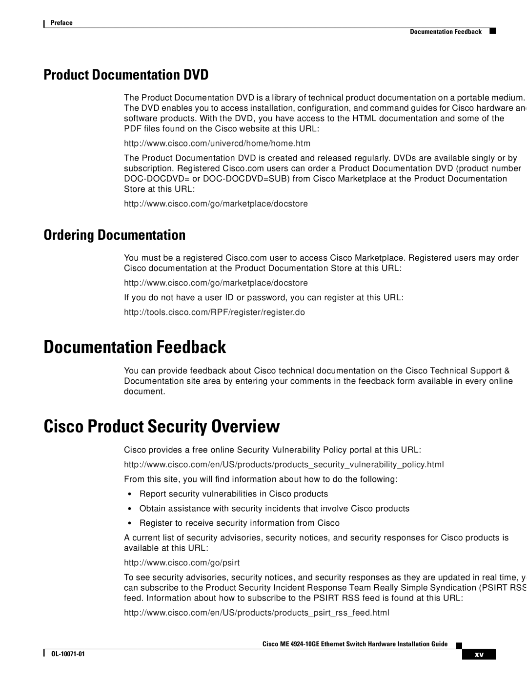 Cisco Systems ME 4924-10GE manual Documentation Feedback, Cisco Product Security Overview 