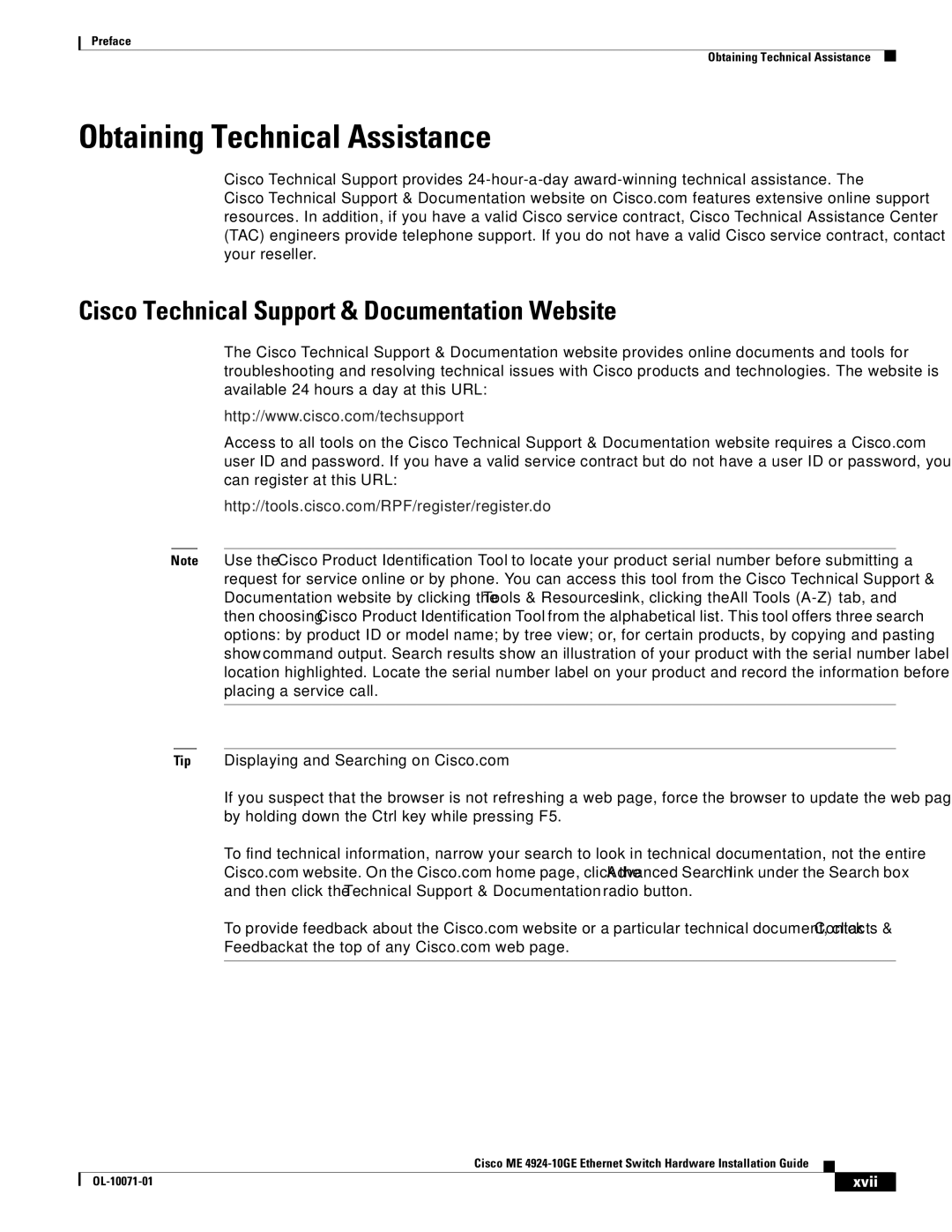 Cisco Systems ME 4924-10GE manual Obtaining Technical Assistance, Cisco Technical Support & Documentation Website, Xvii 