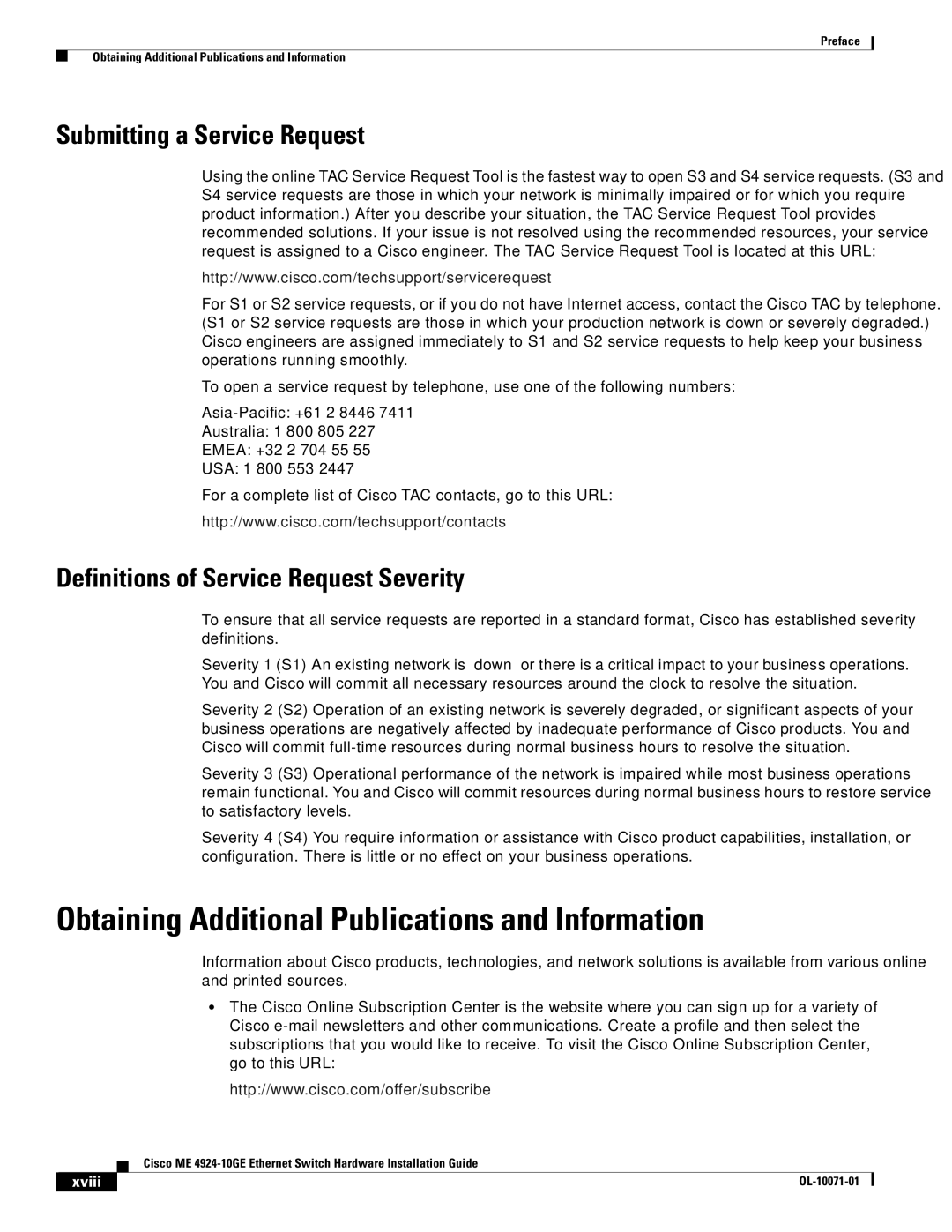 Cisco Systems ME 4924-10GE manual Obtaining Additional Publications and Information, Submitting a Service Request, Xviii 