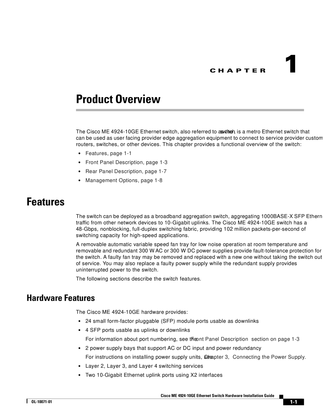 Cisco Systems ME 4924-10GE manual Product Overview, Hardware Features 