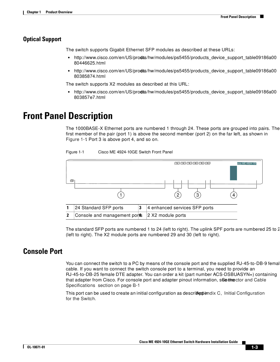 Cisco Systems ME 4924-10GE manual Front Panel Description, Console Port, Optical Support 