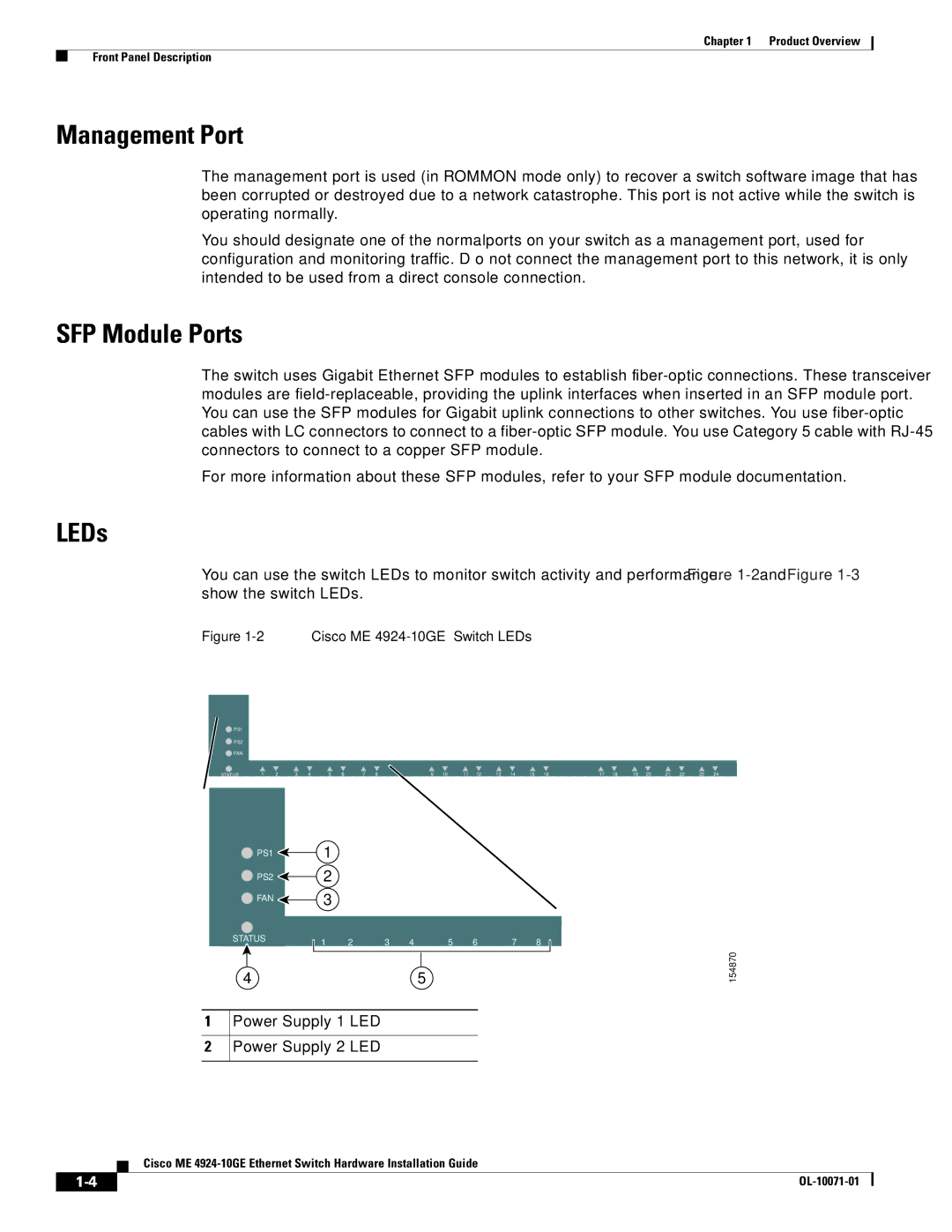 Cisco Systems ME 4924-10GE manual Management Port, SFP Module Ports, LEDs 