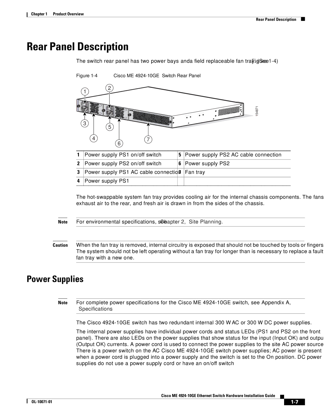 Cisco Systems ME 4924-10GE manual Rear Panel Description, Power Supplies 